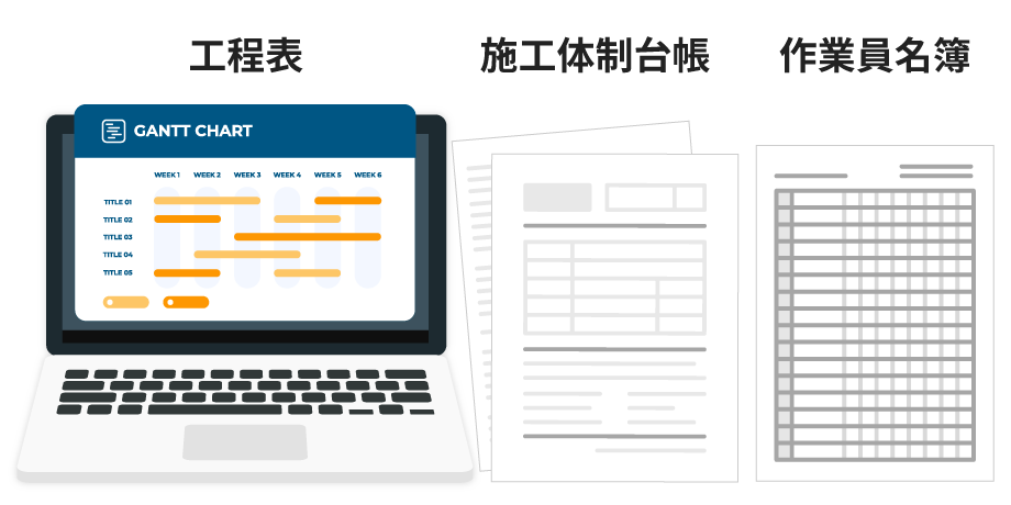 工程表や作業員名簿、施工体制台帳作成の補助