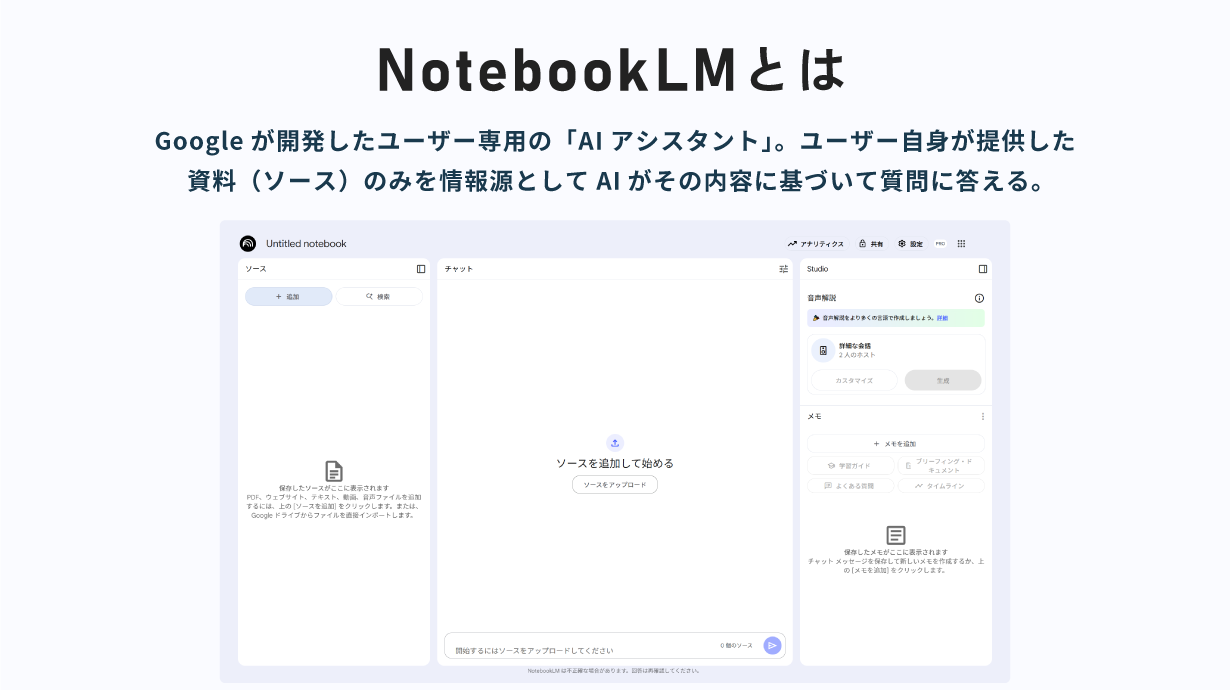 NotebookLMとは、Googleが開発したユーザー専用の「AIアシスタント」。ユーザー自身が提供した資料(ソース)のみを情報源としてAIがその内容に基づいて質問に答える。
