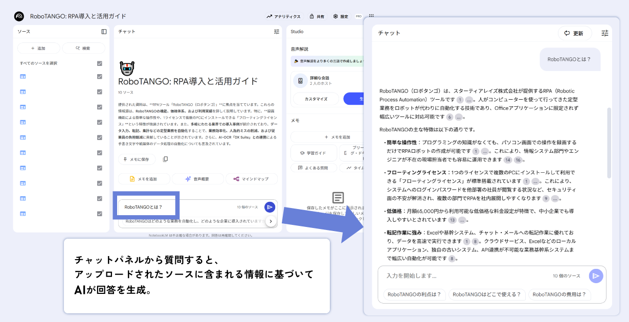 NotebookLMのチャットパネルでAIと対話する